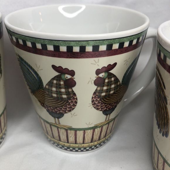 Debbie Mumm Rooster Mugs 4 Something to Crow About Stoneware Sakura Oneida 12 oz - Picture 4 of 12